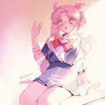  1girl bishoujo_senshi_sailor_moon blue_skirt blush bow breasts chibi_usa double_bun full_body highres large_breasts long_hair older open_mouth pink_hair pleated_skirt red_eyes school_uniform shirt short_sleeves sitting skirt solo suspender_skirt suspenders t_growing twintails wariza white_shirt 
