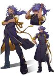  1boy adjusting_hair alternate_costume armband bangs black_coat black_footwear black_pants buttons closed_mouth coat commentary_request crossed_arms floating_hair gloves grin hand_on_hip head_tilt highres leon_(pokemon) long_hair looking_at_viewer male_focus multiple_views pants pokemon pokemon_(game) pokemon_swsh purple_hair shiny shiny_skin shoes smile standing teeth white_background white_gloves yunoru 