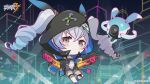  1girl animal_hood blush bronya_zaychik_(haxxor_bunny) chibi drill_hair grey_eyes grey_hair gun highres holding holding_gun holding_weapon honkai_(series) honkai_impact_3rd hood long_hair looking_at_viewer official_art rabbit_hood shorts thigh_strap twin_drills weapon 