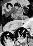  1boy 1girl amane_kakuyomu black_hair blush bow couple cuddling hair_bow half-closed_eyes heavy_breathing hetero highres holding hood hoodie hug hug_from_behind long_sleeves monochrome on_bed open_mouth original smile striped striped_hoodie sweatdrop 