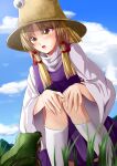  1girl absurdres animal blonde_hair blue_sky breasts brown_headwear cloud cloudy_sky commentary_request feet_out_of_frame frog grass hair_ribbon hat highres kneehighs long_sleeves maboroshi_mochi medium_hair moriya_suwako open_mouth outdoors purple_skirt purple_vest red_ribbon ribbon shirt skirt sky small_breasts solo teeth touhou turtleneck upper_teeth vest white_legwear white_shirt wide_sleeves yellow_eyes 