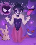  1boy ahoge allister_(pokemon) animal_ears bed_sheet black_bow black_bowtie black_hair black_nails bow bowtie collarbone commentary detached_collar gastly gengar hands_up haunter highres kneeling leotard male_focus male_playboy_bunny mask mimikyu nail_polish pantyhose pastel-puke pokemon pokemon_(game) pokemon_swsh purple_legwear purple_leotard rabbit_ears short_hair signature w_arms wrist_cuffs 