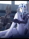  1girl bangs black_gloves blue_hair bodysuit boots breasts eyebrows_visible_through_hair flatbox girls&#039;_frontline gloves green_eyes hair_ornament hairclip headphones high_heel_boots high_heels highres hk416_(girls&#039;_frontline) hk416_(midnight_evangelion)_(girls&#039;_frontline) long_hair long_sleeves looking_at_object medium_breasts official_alternate_costume on_floor open_mouth pilot_suit robot_dog solo teardrop_facial_mark teardrop_tattoo tight 
