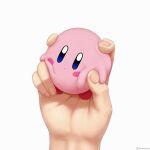  1other blue_eyes blush_stickers cheek_squash closed_mouth commentary_request fingernails highres holding kirby kirby_(series) simple_background squishing twitter_username waomonkey white_background 