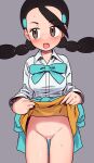  1girl absurdres bar_censor black_hair blue_sweater blush breasts brown_eyes brown_skirt candice_(pokemon) censored clothes_around_waist collared_shirt commentary cowboy_shot eyelashes grey_background hair_ornament hairclip highres lifted_by_self long_hair looking_away miniskirt multi-tied_hair no_panties open_mouth pokemon pokemon_(game) pokemon_dppt pussy shirt shizuka_no_uni sideways_glance skirt solo sweatdrop sweater sweater_around_waist teeth tongue twintails upper_teeth white_shirt 