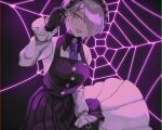  1girl bangs black_dress black_gloves breasts collared_shirt commentary_request danganronpa_(series) danganronpa_v3:_killing_harmony dress frills gloves green_eyes hair_ornament hair_over_one_eye hand_in_own_hair hand_up highres long_sleeves looking_at_viewer maid_headdress necktie niwatori_panda open_mouth pinafore_dress purple_background purple_eyes purple_necktie shirt short_hair silk smile solo spider_web teeth toujou_kirumi two-tone_background upper_body white_shirt 