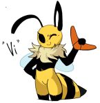  antennae_(anatomy) anthro arthropod arthropod_abdomen bee boomerang bug_fables female hand_on_hip holding_boomerang hymenopteran insect moonsprout_games one_eye_closed rediculous simple_background smile solo stinger vi_(bug_fables) white_background wink yellow_body 