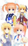  2girls age_progression angry black_ribbon blonde_hair blush couple energy fate_testarossa glaring hair_ribbon highres kerorokjy lyrical_nanoha mahou_shoujo_lyrical_nanoha multiple_girls open_mouth orange_hair purple_eyes red_eyes ribbon short_twintails side_ponytail surprised takamachi_nanoha translation_request tsab_air_military_uniform tsab_executive_military_uniform twintails uniform white_ribbon yuri 