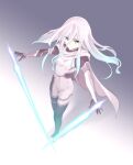  1girl absurdres black_gloves blue_hair bodysuit breasts cloak covered_navel energy_sword from_above gloves gradient gradient_background gradient_hair hair_between_eyes highres ishiyumi long_hair multicolored_hair open_hands original small_breasts solo sword weapon white_bodysuit white_cloak white_hair 