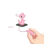  1other ? blue_eyes commentary_request creature cushion fingernails highres looking_at_viewer looking_back mew pinching pokemon pokemon_(creature) simple_background sitting toes waomonkey white_background 