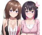  2girls absurdres azki_(hololive) azki_(hololive)_(cosplay) bangs black_hair blue_eyes blush breasts brown_hair cleavage collarbone colored_inner_hair cosplay costume_switch dpdldpf2 hair_ribbon highres hololive long_hair looking_at_viewer medium_breasts medium_hair multicolored_hair multiple_girls pink_hair pink_ribbon pink_sweater ribbon smile solo sweater tokino_sora tokino_sora_(cosplay) virtual_youtuber 