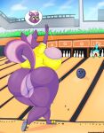  2022 4_fingers anthro big_breasts big_butt blush bowling bowling_alley bowling_ball bowling_pin breasts butt clothed clothing digital_media_(artwork) digital_painting_(artwork) dragon duo eyewear female finalofdestinations fingers fluffy fluffy_tail glasses hi_res huge_breasts huge_butt hybrid male mammal nintendo_sports nintendo_switch_sports rodent sciurid smile switch_sports_squirrel thick_thighs video_games wide_hips 