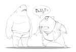  anthro black_and_white clothed clothing dc_comics dialogue dreamworks duo fish humor king_shark male marine monochrome mr._shark_(the_bad_guys) overweight shark shirtless sketch the_bad_guys 