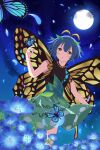  1girl absurdres animal antennae aqua_hair blue_flower blush bug butterfly butterfly_wings dress eternity_larva fairy flower full_moon green_dress highres leaf leaf_on_head moon multicolored_clothes multicolored_dress nemophila_(flower) parted_lips shinbarian short_hair short_sleeves solo touhou wings yellow_eyes 