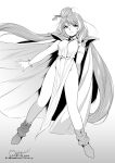  1990s_(style) 1girl alternate_costume bangle bangs boots bracelet dress eyebrows_visible_through_hair greyscale hair_bun highres jewelry long_hair macross macross_delta mikumo_guynemer monochrome parted_lips pelvic_curtain retro_artstyle sasanoneko smile solo twitter_username very_long_hair web_address 