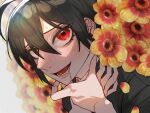  1boy bangs black_hair black_jacket blurry blurry_background commentary_request danganronpa_(series) danganronpa_v3:_killing_harmony flower flower_request hair_between_eyes hand_on_own_throat hands_up jacket looking_at_viewer male_focus niwatori_panda open_mouth red_eyes red_flower saihara_shuuichi saliva short_hair solo striped striped_jacket sweat teeth tongue yellow_flower 