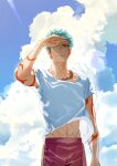  1boy abs arm_at_side bangs blue_hair blue_sky casual closed_mouth cloud cowboy_shot cross_scar day hand_up highres long_sleeves looking_at_viewer male_focus navel one_eye_covered outdoors pants purple_pants red_eyes scar scar_on_cheek scar_on_face serota shading_eyes shirt short_hair short_sleeves sky smile solo t-shirt touken_ranbu wind yamabushi_kunihiro 