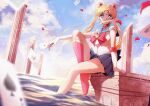  1girl bishoujo_senshi_sailor_moon blonde_hair blue_eyes blue_sailor_collar blue_skirt blue_sky boots bow card cloud double_bun full_body gloves highres holding holding_card leotard long_hair looking_at_viewer outdoors partially_submerged petals pink_bow pink_footwear playing_card pleated_skirt rose_petals ruins sailor_collar sailor_moon sailor_senshi_uniform sitting skirt sky solo t_growing thigh_boots tsukino_usagi water white_gloves white_leotard 