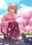  1girl absurdres ahoge black_cat blonde_hair boots cat cherry_blossoms dappled_sunlight fate/grand_order fate_(series) hakama hakama_skirt high_heel_boots high_heels highres japanese_clothes kimono matsuba_moco okita_souji_(fate) okita_souji_(koha-ace) petals skirt squatting sunlight wide_sleeves yellow_eyes 