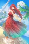  1girl ahoge arms_behind_back bangs bare_shoulders barefoot beach blue_eyes blue_sky blush breasts closed_mouth cloud collarbone commentary_request day dress dutch_angle eyebrows_visible_through_hair floating_hair full_body go-toubun_no_hanayome gradient_dress green_dress highres hirokiku large_breasts long_hair looking_at_viewer nakano_itsuki ocean outdoors palm_tree red_dress red_hair see-through sky smile soaking_feet solo tree very_long_hair water wind 