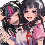  2girls \m/ apron arm_around_neck bangs black_gloves black_hair black_nails blue_hair blunt_bangs commentary_request danganronpa_(series) danganronpa_2:_goodbye_despair ear_piercing fangs gloves hair_horns highres jewelry long_hair looking_at_viewer lower_teeth mioda_ibuki multicolored_hair multiple_girls nail_polish niwatori_panda one_eye_closed open_mouth piercing pink_eyes pink_hair pink_shirt puffy_short_sleeves puffy_sleeves purple_eyes ring school_uniform shiny shiny_hair shirt short_sleeves smile striped striped_gloves teeth thumb_ring tsumiki_mikan upper_body white_apron white_background white_hair 