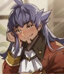  1boy ahoge ascot bangs blurry closed_mouth commentary_request facial_hair hand_up head_rest leon_(pokemon) long_hair long_sleeves male_focus pokemon pokemon_(game) pokemon_swsh purple_hair smile solo sparkle upper_body white_ascot white_wristband wristband yunoru 