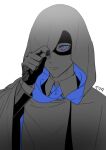  1boy bangs blue_eyes blue_ribbon cloak closed_mouth collared_shirt domino_mask frown hand_up hood hood_pull hood_up hooded_cloak long_sleeves looking_at_viewer male_focus mask monochrome neck_ribbon one_eye_covered ribbon serota shirt simple_background solo spot_color touken_ranbu two-sided_cloak two-sided_fabric upper_body yamanbagiri_chougi 