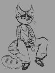  anthro bottomwear clothed clothing domestic_cat felid feline felis genitals hi_res lackadaisy male mammal masturbation monochrome pants penis rocky_rickaby sexylinguini shirt simple_background sketch solo tank_top topwear unzipped webcomic 