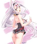  1girl animal_ears artist_name ass azur_lane back bangs bare_arms bare_shoulders black_hairband black_skirt blunt_bangs breasts dated eyebrows_visible_through_hair from_behind hairband high-waist_skirt highres long_hair looking_at_viewer looking_back nipples open_mouth rabbit_ears shimakaze_(azur_lane) shoulder_blades simple_background skirt small_breasts smile solo umyonge_(lkakeu) v very_long_hair white_background white_hair yellow_eyes 