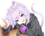  1girl ahoge animal_ear_fluff animal_ears arm_pillow bangs black_collar black_hoodie blush cat_ears cat_girl cat_tail collar eyebrows_visible_through_hair fang highres hololive hood hoodie index_finger_raised long_sleeves looking_at_viewer medium_hair mocacoco339 nekomata_okayu open_mouth purple_eyes purple_hair signature simple_background skin_fang smile solo table tail tail_raised upper_body virtual_youtuber white_background 