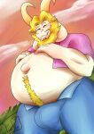  anthro asgore_dreemurr beard belly big_belly blonde_hair boss_monster bottomwear bovid bulge caprine clothing facial_hair fur goat hair hi_res horn male mammal monster pants pink_clothing pink_shirt pink_topwear pregnant pregnant_male randomgirl1265 shirt smile solo topwear undertale undertale_(series) video_games white_body white_fur 