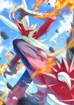  absurdres blaziken blue_eyes blurry claws closed_mouth cloud colored_sclera commentary_request day fire from_below highres legs_apart mega_blaziken mega_pokemon motion_blur outdoors pokemon pokemon_(creature) ririri_(user_rkrv7838) rock sky solo yellow_sclera 