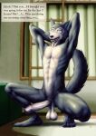  anthro balls beastars big_penis canid canine canis caught english_text genitals hi_res humanoid_genitalia humanoid_penis legoshi_(beastars) looking_at_viewer male mammal nude penis saggy_balls solo ten-kun text wolf 