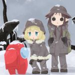  2girls among_us black_eyes black_hair blonde_hair blue_eyes brodie_helmet chito_(shoujo_shuumatsu_ryokou) coat crewmate_(among_us) eyebrows_visible_through_hair fur-trimmed_coat fur_trim green_coat green_pants helmet highres meme military_helmet multiple_girls naaga_sonomono open_mouth pants snow stahlhelm yuuri_(shoujo_shuumatsu_ryokou) 