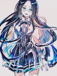  1girl bangs blue_eyes blue_hair blue_ribbon collared_shirt cowboy_shot danganronpa_(series) danganronpa_v3:_killing_harmony dress glasses grey_background highres long_hair messy_hair neck_ribbon parted_bangs pleated_dress ribbon shiny shiny_hair shirogane_tsumugi shirt simple_background sketch solo ze_ro_saiji 