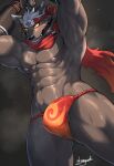  anthro asian_clothing bodily_fluids bulge canid canine canis clothing east_asian_clothing fundoshi japanese_clothing kamyuelo lifewonders male mammal muscular muscular_anthro muscular_male nipples red_eyes solo sweat tadatomo tokyo_afterschool_summoners underwear video_games yellow_sclera 