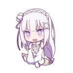  1girl 1other bangs bare_shoulders blue_eyes blush chibi chinese_commentary closed_mouth commentary_request detached_collar dress emilia_(re:zero) flower full_body hair_flower hair_ornament hair_tie long_hair looking_at_viewer one_eye_closed open_mouth puck_(re:zero) purple_eyes re:zero_kara_hajimeru_isekai_seikatsu shoe_soles sidelocks simple_background sitting sleeves_past_fingers sleeves_past_wrists smile v-shaped_eyebrows very_long_hair white_background white_dress white_hair yukiyaii 