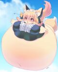  2022 air_inflation anthro belly belly_expansion belly_inflation big_belly big_breasts blonde_hair blue_sky blush blush_lines bodily_fluids breasts butt canid canine clothing cloud digital_drawing_(artwork) digital_media_(artwork) expansion eyelashes eyelashes_through_hair female floating fox fur hair hi_res horn huge_breasts hyper hyper_belly hyper_inflation inflation inner_ear_fluff maid_apron maid_headdress maid_uniform mammal navel open_mouth pawpads pink_eyes racal_ra signature sky solo tears thick_arms translated_description translucent translucent_hair tuft uniform unknown_species yellow_body yellow_fur yellow_tail 