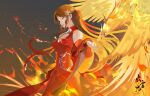  1girl absurdres bare_shoulders bird brown_hair chinese_clothes cleavage_cutout clothing_cutout dress facial_mark fire flying forehead_mark from_side hair_ornament highres huo_linger_(wanmei_shijie) long_hair looking_down outstretched_arms paolu_huilai_liao phoenix red_dress upper_body 
