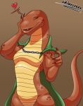  &lt;3 anthro breasts cape claws clothing elden_ring english_text eyes_closed featureless_breasts female fromsoftware hi_res multicolored_body non-mammal_breasts open_mouth open_smile reptile scalie shinysteel smile snake solo text two_tone_body video_games viper zorayas 