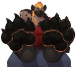  4_toes anthro black_pawpads brown_body canid clothed clothing feet foot_focus foot_shot hyaenid lying male mammal pawpads paws soles solo takesu toes 