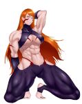  1girl abs arm_behind_head bangs biceps body_markings breasts clothes detached_sleeves facial_mark fuuma_kotarou_(tenkaichi) grin halter_top halterneck highres kneeling large_breasts long_hair muscular muscular_female orange_hair pants red_eyes revealing_clothes sleeveless smile tenkaichi_nihon_saikyou_bugeisha_ketteisen yui_(littles19) 