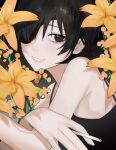  1girl armpits bangs black_hair black_tank_top breasts chainsaw_man cigarette eyepatch floral_background flower hair_over_one_eye highres himeno_(chainsaw_man) holding holding_cigarette lily_(flower) looking_at_viewer medium_breasts one_eye_covered sailen0 short_hair smile solo tank_top teeth yellow_flower 