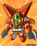  absurdres artist_name axe cape chibi drill dual_wielding emphasis_lines english_commentary gao_ex_kaiser getter-1 getter_robo getter_robo_(1st_series) highres holding holding_axe mecha no_humans orange_eyes red_cape solo 