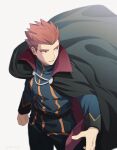  1boy black_cape blurry cape clenched_hand commentary_request grey_eyes jacket lance_(pokemon) long_sleeves looking_back male_focus pants parted_lips pokemon pokemon_(game) pokemon_hgss red_hair short_hair solo spiked_hair turtleneck turtleneck_jacket white_background y_(036_yng) 
