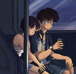  1boy 1girl absurdres arm_hug bangs bare_shoulders bench black_eyes black_hair black_shirt black_shorts blue_shorts blush bob_cut braid can closed_eyes commentary couple cutoffs drink frown head_on_another&#039;s_shoulder highres holding holding_can holding_drink long_hair looking_at_another luuxiriver parted_lips ranma_1/2 saotome_ranma shirt short_hair_with_long_locks short_sleeves shorts side-by-side single_braid sitting sleeping symbol-only_commentary tank_top tendou_akane train_interior twilight watch white_shirt white_tank_top wristwatch 