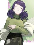  belt blush bracelet breasts closed_eyes earrings eyeshadow flower gbsangou grass green_sweater hair_ornament highres idolmaster idolmaster_shiny_colors jewelry lying makeup medium_hair nail_polish on_back purple_hair skirt sleeping smile solo sweater tanaka_mamimi turtleneck turtleneck_sweater 