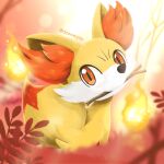  animal_ear_fluff blurry commentary_request day fennekin fire highres korean_commentary leaf looking_at_viewer mouth_hold no_humans orange_eyes outdoors pokemon pokemon_(creature) sitting solo stick wowyou 