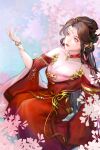  1girl absurdres bare_shoulders brown_hair cherry_blossoms chinese_clothes cleavage_cutout clothing_cutout dress facial_mark forehead_mark from_above hair_ornament highres huo_linger_(wanmei_shijie) huo_linger_tongren_she long_hair looking_up outstretched_hand red_dress sitting solo upper_body wanmei_shijie 