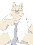  2022 anthro balls barely_visible_genitalia barely_visible_penis black_nose blush brown_body canid canine canis clothing domestic_dog fugashi4090 genitals hi_res kemono male mammal necktie overweight overweight_male penis shirt simple_background sitting solo tongue tongue_out topwear white_background 